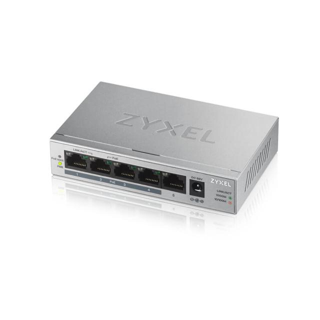 Суич ZyXEL GS1005-HP, 5 Port Gigabit PoE+ unmanaged desktop Switch, 4 x PoE, 60 Watt