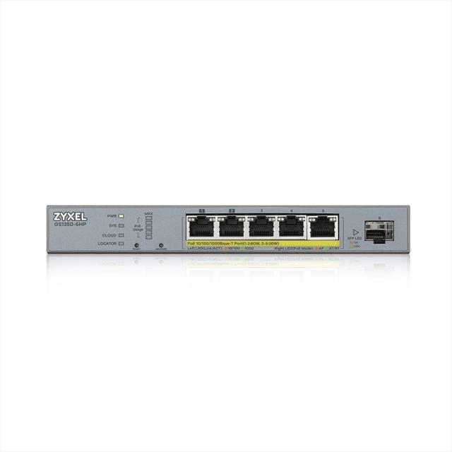 Суич ZyXEL GS1350-6HP, 6 Port managed CCTV PoE switch, long range, 60W, 802.3BT