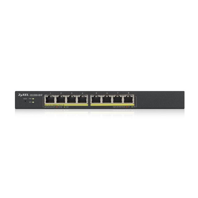 Суич ZyXEL GS1900-8HP, 8-port GbE L2 PoE Smart Switch, 802.3at, desktop, fanless, 70 Watt