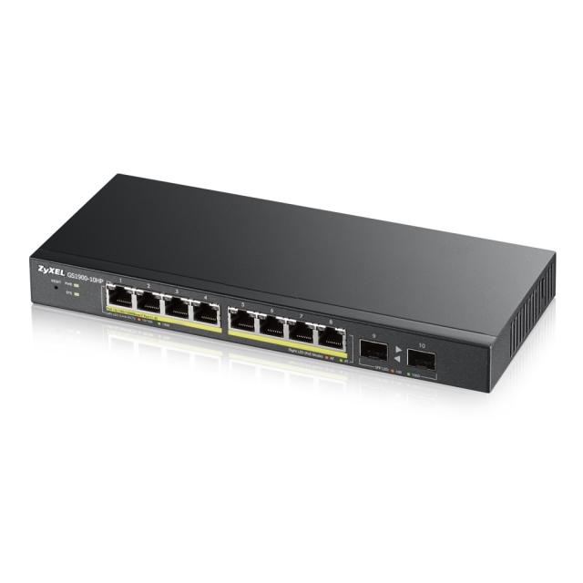 Суич ZyXEL GS1900-10HP v2, 8-port GbE L2 PoE Smart Switch + 2 SFP slots, 802.3at, desktop, fanless, 70 Watt