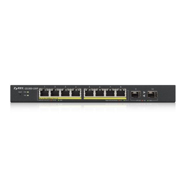 Суич ZyXEL GS1900-10HP v2, 8-port GbE L2 PoE Smart Switch + 2 SFP slots, 802.3at, desktop, fanless, 70 Watt