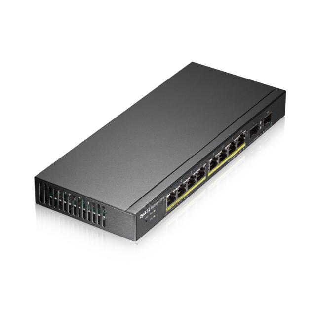 Суич ZyXEL GS1900-10HP v2, 8-port GbE L2 PoE Smart Switch + 2 SFP slots, 802.3at, desktop, fanless, 70 Watt