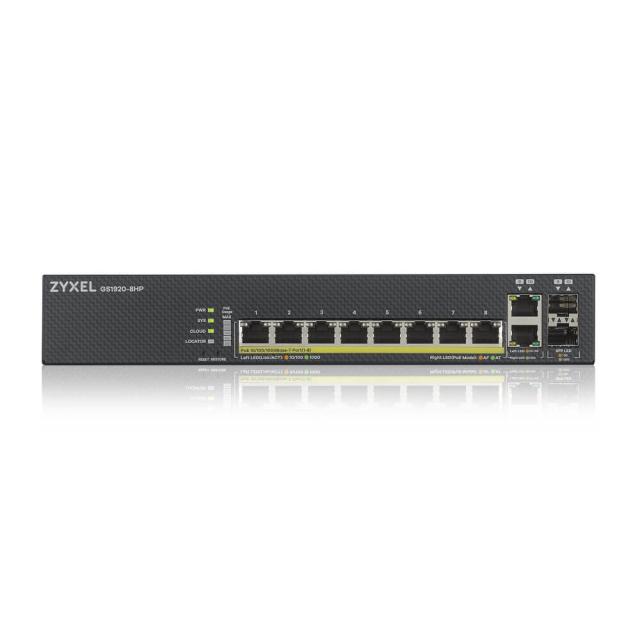 Суич ZyXEL GS1920-8HPv2, 10 Port Smart Managed Switch 8x Gigabit Copper and 2x Gigabit dual pers., hybrid mode, standalone or NebulaFlex Cloud, 130 Watt PoE, fanless
