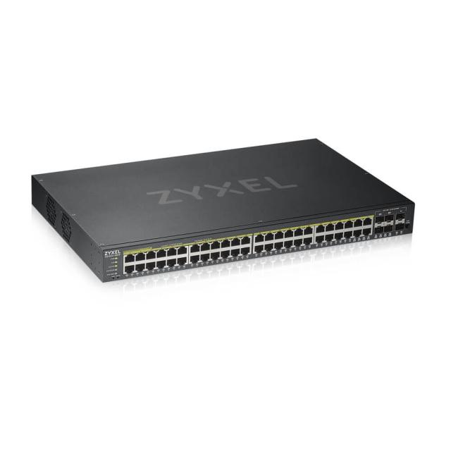 Суич ZyXEL GS1920-48HPv2, 50 Port Smart Managed PoE Switch 44x Gigabit Copper PoE and 4x Gigabit dual pers., hybrid mode, standalone or NebulaFlex Cloud, 375 Watt PoE