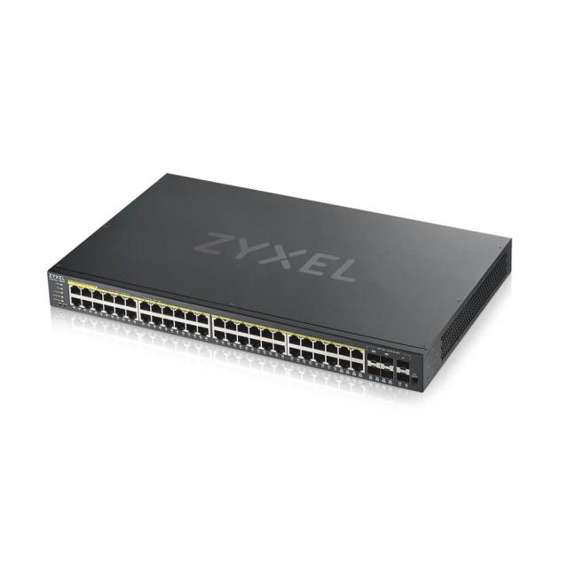 Суич ZyXEL GS1920-48HPv2, 50 Port Smart Managed PoE Switch 44x Gigabit Copper PoE and 4x Gigabit dual pers., hybrid mode, standalone or NebulaFlex Cloud, 375 Watt PoE