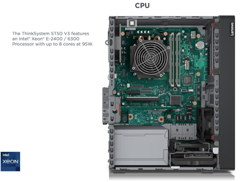 Сървър Lenovo ThinkSystem ST50 V3, Intel Xeon 6325P 4C ( 3.5 / 5.2 GHz 12MB Cache, 55W), 1x 16GB DDR5 UDIMM, 1x 2TB HDD, 2x 1GbE, 1x 500W