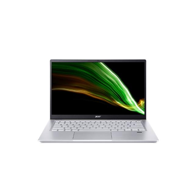 Лаптоп Acer Swift X, SFX14-41G-R55L, AMD Ryzen 7 5800U (Up to 4.4GHz, 16MB), 14" IPS FHD (1920x1080), 16GB DDR4 (8GB onboard), 1024GB PCIe SSD, RTX3050 4GB DDR6, WiFi 6AX+BT, HD Cam. with 2Mic., FPR, Win 10 Pro, Gold&Silver