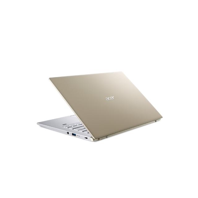 Лаптоп Acer Swift X, SFX14-41G-R55L, AMD Ryzen 7 5800U (Up to 4.4GHz, 16MB), 14" IPS FHD (1920x1080), 16GB DDR4 (8GB onboard), 1024GB PCIe SSD, RTX3050 4GB DDR6, WiFi 6AX+BT, HD Cam. with 2Mic., FPR, Win 10 Pro, Gold&Silver