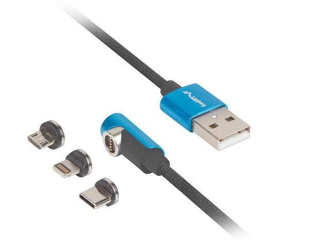 Кабел Lanberg 3in1 USB-A (M) -> USB MICRO(M) + LIGHTNING (M) + USB-C (M) 2.0 1m, angled QC 3.0 magnetic, black-blue