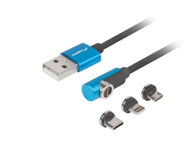 Кабел Lanberg 3in1 USB-A (M) -> USB MICRO(M) + LIGHTNING (M) + USB-C (M) 2.0 1m, angled QC 3.0 magnetic, black-blue