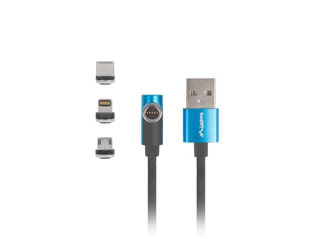 Кабел Lanberg 3in1 USB-A (M) -> USB MICRO(M) + LIGHTNING (M) + USB-C (M) 2.0 1m, angled QC 3.0 magnetic, black-blue