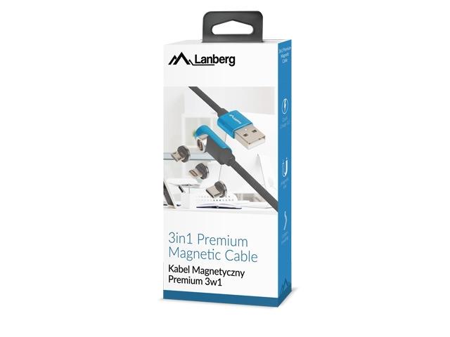 Кабел Lanberg 3in1 USB-A (M) -> USB MICRO(M) + LIGHTNING (M) + USB-C (M) 2.0 1m, angled QC 3.0 magnetic, black-blue
