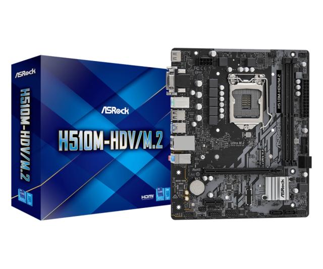 Дънна платка ASRock H510M-HDV/M.2, H510, LGA1200, 2xDDR4, (HDMI/DVI/VGA), PCI-E 4.0, 4x SATA 6Gb/s, 1x M.2, 2x USB 3.2 Gen 1, Micro ATX