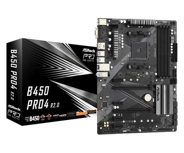 Дънна платка ASROCK B450 PRO4 R2.0, AM4, B450, 4 x DDR4, (HDMI / DP / D-SUB), PCIe 2.0 , 4 x SATA3, M.2, 2 x USB 2.0, 1 x USB 3.2, ATX