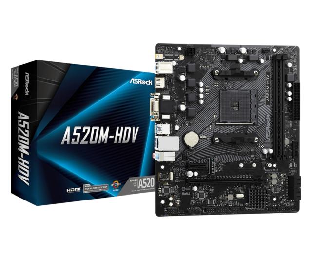 Дънна платка ASROCK A520M-HDV AM4, 2xDDR4, PCIe 3.0 x16,PCIe 3.0 x1, M.2, 4 SATA3, D-Sub, DVI, HDMI, mATX