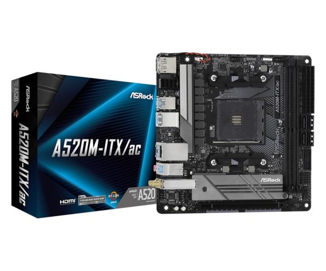 Дънна платка ASRock A520M-ITX/ac, A520, AM4, DDR4, PCI-E 3.0 (DP/HDMI), 4x SATA 6Gb/s, 1x M.2, 1x USB 3.2 Gen 1 Type-C, Bluetooth, Wi-Fi, Mini-ITX