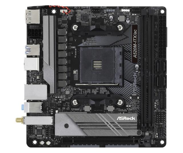 Дънна платка ASRock A520M-ITX/ac, A520, AM4, DDR4, PCI-E 3.0 (DP/HDMI), 4x SATA 6Gb/s, 1x M.2, 1x USB 3.2 Gen 1 Type-C, Bluetooth, Wi-Fi, Mini-ITX