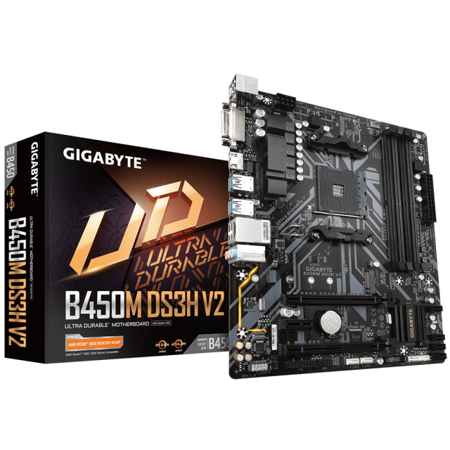 Дънна платка Gigabyte B450M DS3H V2, AM4, B450, DDR4, (HDMI/DVI)(CF), PCI-E 3.0, 4x SATA 6Gb/s, 1x M.2, 4x USB 3.1, rev. 1.0, mATX