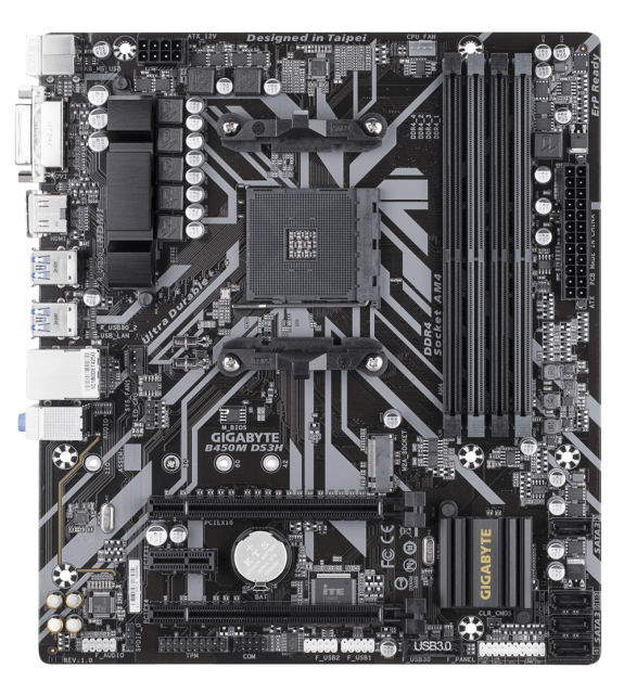 Дънна платка Gigabyte B450M DS3H V2, AM4, B450, DDR4, (HDMI/DVI)(CF), PCI-E 3.0, 4x SATA 6Gb/s, 1x M.2, 4x USB 3.1, rev. 1.0, mATX
