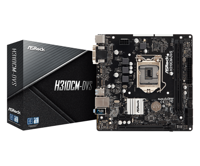 Дънна платка ASRock H310CM-DVS, H310, LGA1151, 2xDDR4, PCI-Е(DVI), 4x SATA 6Gb/s, 2x USB 3.1 Gen1, Micro ATX