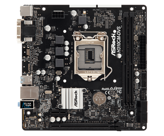 Дънна платка ASRock H310CM-DVS, H310, LGA1151, 2xDDR4, PCI-Е(DVI), 4x SATA 6Gb/s, 2x USB 3.1 Gen1, Micro ATX