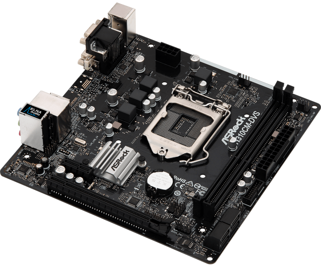 Дънна платка ASRock H310CM-DVS, H310, LGA1151, 2xDDR4, PCI-Е(DVI), 4x SATA 6Gb/s, 2x USB 3.1 Gen1, Micro ATX