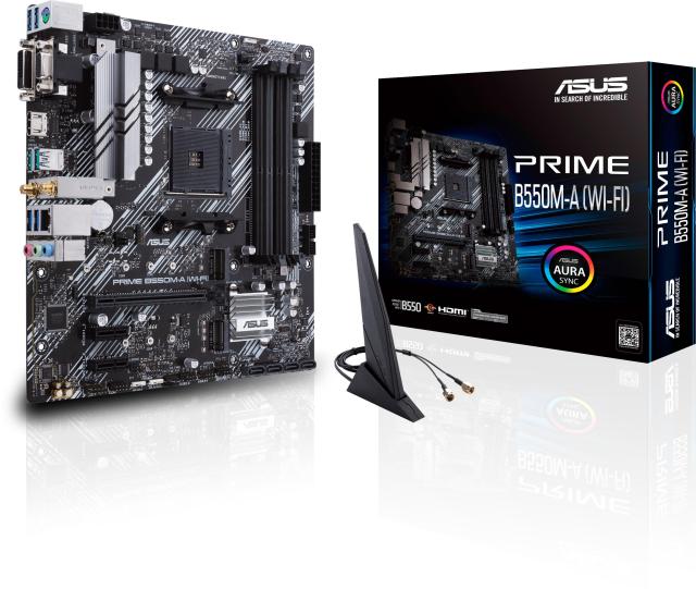 Дънна платка Asus PRIME B550M-A AC, B550, AM4, DDR4, PCI-E 4.0 (HDMI/DVI/VGA), 4x SATA 6Gb/s, Dual M.2, 2x USB 3.2 Gen 2, Bluetooth, Wi-Fi, Aura Sync, Micro ATX