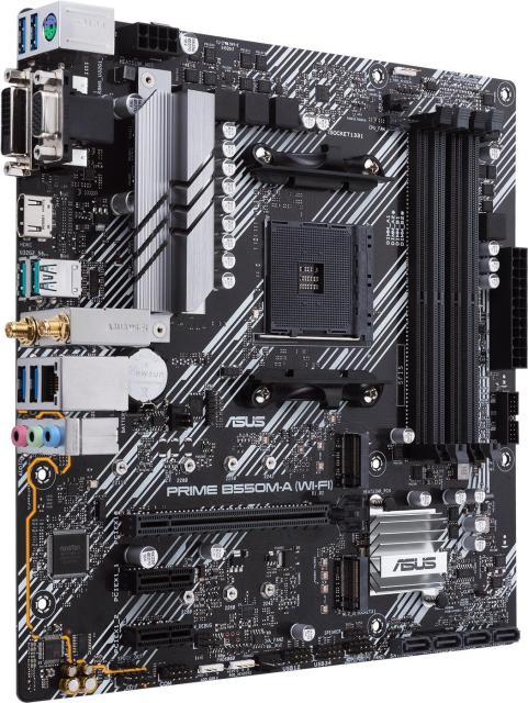 Дънна платка Asus PRIME B550M-A AC, B550, AM4, DDR4, PCI-E 4.0 (HDMI/DVI/VGA), 4x SATA 6Gb/s, Dual M.2, 2x USB 3.2 Gen 2, Bluetooth, Wi-Fi, Aura Sync, Micro ATX