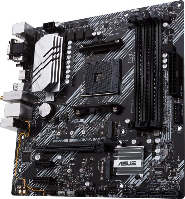 Дънна платка Asus PRIME B550M-A AC, B550, AM4, DDR4, PCI-E 4.0 (HDMI/DVI/VGA), 4x SATA 6Gb/s, Dual M.2, 2x USB 3.2 Gen 2, Bluetooth, Wi-Fi, Aura Sync, Micro ATX