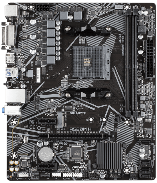Дънна платка Gigabyte A520M-H, AM4, 2 x DDR4, PCI-E 3.0, 4x SATA 6Gb/s, 1x M.2 NVMe, 4x USB 3.2 Gen1, Micro ATX