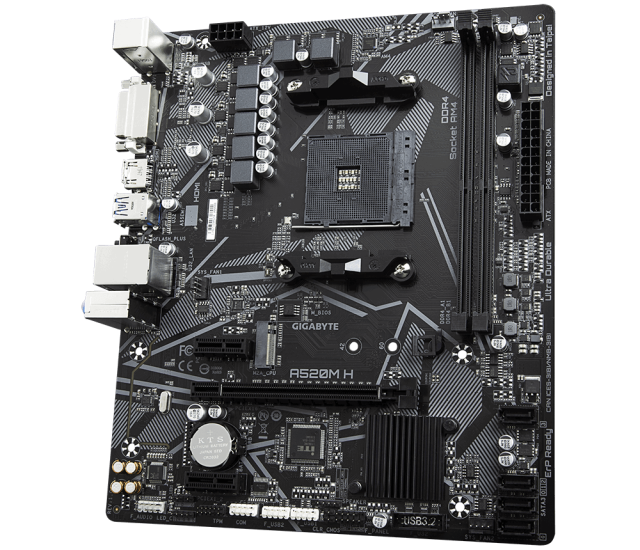 Дънна платка Gigabyte A520M-H, AM4, 2 x DDR4, PCI-E 3.0, 4x SATA 6Gb/s, 1x M.2 NVMe, 4x USB 3.2 Gen1, Micro ATX