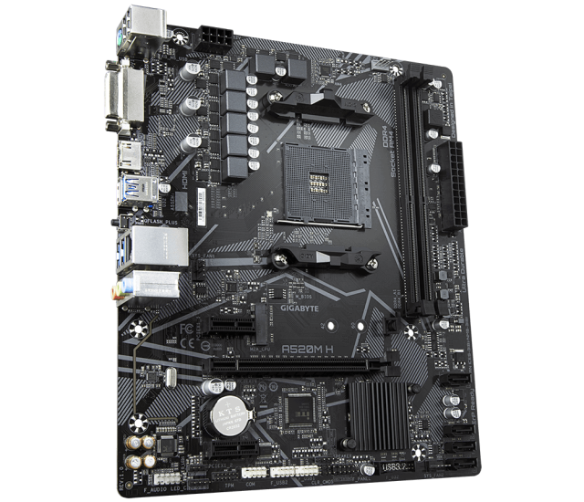 Дънна платка Gigabyte A520M-H, AM4, 2 x DDR4, PCI-E 3.0, 4x SATA 6Gb/s, 1x M.2 NVMe, 4x USB 3.2 Gen1, Micro ATX