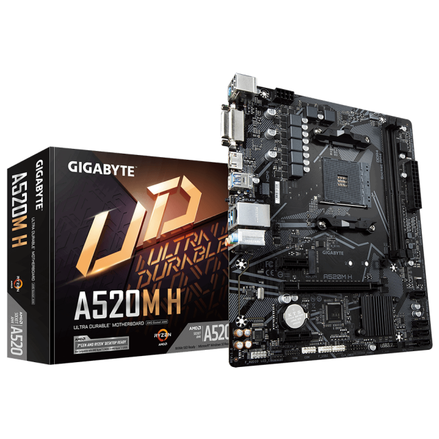 Дънна платка Gigabyte A520M-H, AM4, 2 x DDR4, PCI-E 3.0, 4x SATA 6Gb/s, 1x M.2 NVMe, 4x USB 3.2 Gen1, Micro ATX