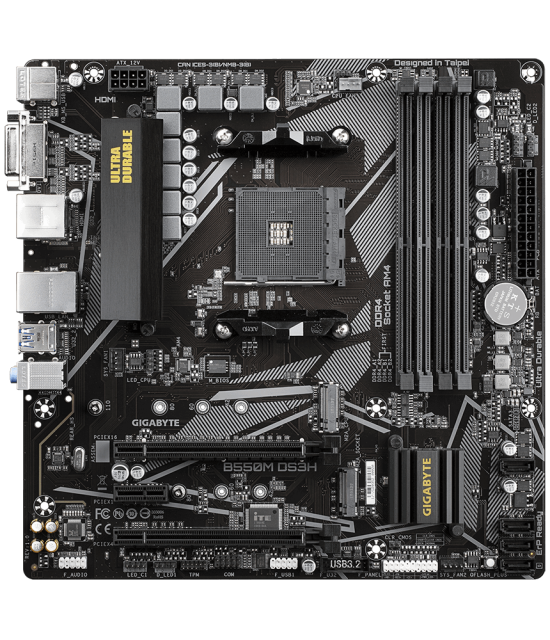 Дънна платка Gigabyte B550M DS3H, AM4, B550, 4 x DDR4, PCI-E 4.0(HDMI/DVI), 4x SATA 6Gb/s, 1x M.2 Socket, 4x USB 3.2 Type A,  RGB Fusion 2.0, Micro ATX