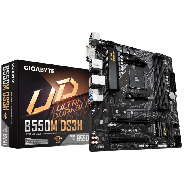 Дънна платка Gigabyte B550M DS3H, AM4, B550, 4 x DDR4, PCI-E 4.0(HDMI/DVI), 4x SATA 6Gb/s, 1x M.2 Socket, 4x USB 3.2 Type A,  RGB Fusion 2.0, Micro ATX