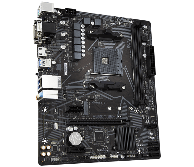 Дънна платка Gigabyte A520M-S2H, A520, 2 x DDR4, PCI-E 3.0(HDMI/DVI/VGA), 4x SATA 6Gb/s, 1x M.2, 4x USB 3.2 Gen 1, Micro ATX