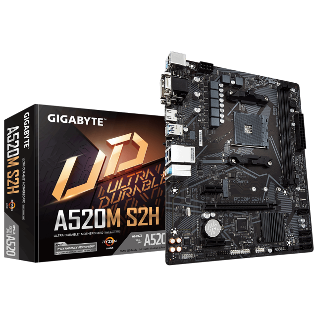 Дънна платка Gigabyte A520M-S2H, A520, 2 x DDR4, PCI-E 3.0(HDMI/DVI/VGA), 4x SATA 6Gb/s, 1x M.2, 4x USB 3.2 Gen 1, Micro ATX