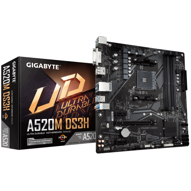 Дънна платка GIGABYTE A520M-DS3H, AM4, (HDMI/DP/DVI), 4xDDR4, 1xM.2, 4x SATA 6Gb/s, 4x USB 3.2, mATX 