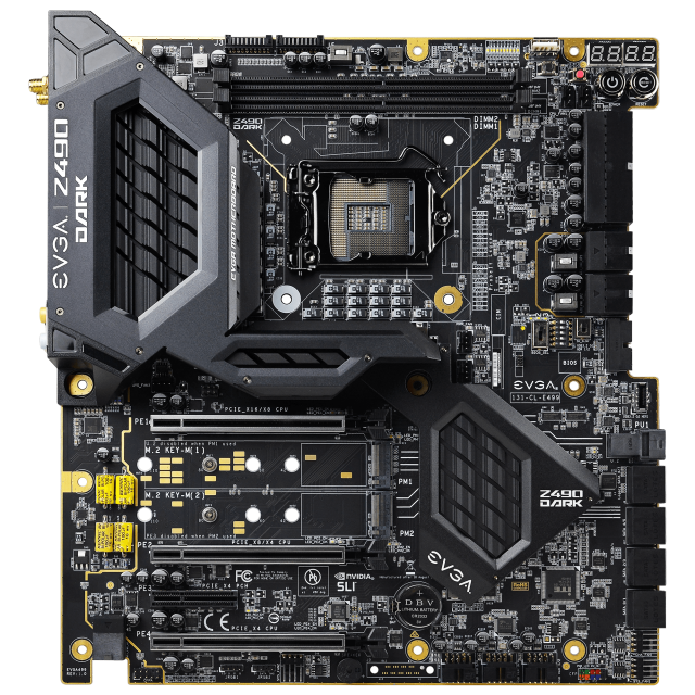 Дънна платка EVGA Z490 DARK K/NGP/N Edition, Z490, LGA1200, 2 x DDR4, PCI-E 3.0 (miniDP)(SLI), 8x SATA 6Gb/s, 2x M.2, 1x USB 3.2 Gen 2 Type C, 5x USB 3.2 Gen 2, Wi-Fi 6, Bluetooth, E-ATX
