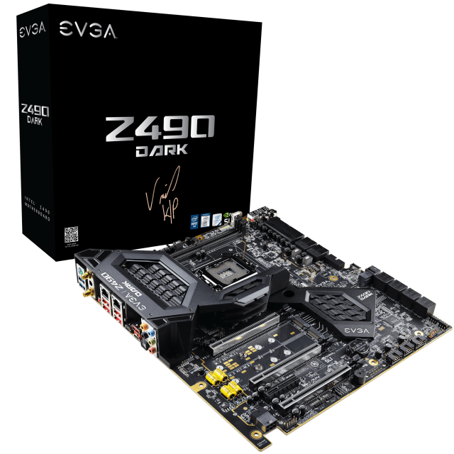 Дънна платка EVGA Z490 DARK K/NGP/N Edition, Z490, LGA1200, 2 x DDR4, PCI-E 3.0 (miniDP)(SLI), 8x SATA 6Gb/s, 2x M.2, 1x USB 3.2 Gen 2 Type C, 5x USB 3.2 Gen 2, Wi-Fi 6, Bluetooth, E-ATX
