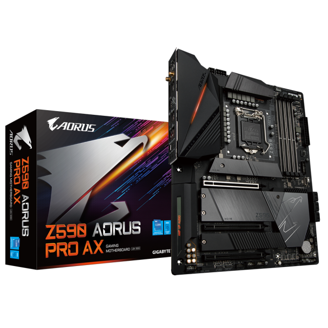 Дънна платка Gigabyte Z590 AORUS PRO AX, Z590, LGA1200, 4 x DDR4, PCIe (DP), 6 x SATA 6Gb/s, M.2 connector, 4 x USB 3.2 Gen 2 Type-A, USB Type-C, Wi-Fi, Bluetooth, RGB Fusion 2.0, ATX