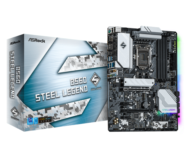 Дънна платка ASRock B560 Steel Legend, B560, LGA1200, 4 x DDR4, PCI-E 4.0 (DP/HDMI), 6x SATA 6Gb/s, 3x M.2, 1x USB 3.2 Gen 2 Type C, Polychrome RGB, ATX