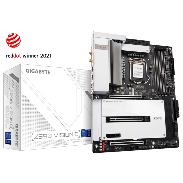Дънна платка Gigabyte Z590 VISION D, LGA1200, DDR4, (DP/HDMI)(CF), PCI-E 4.0, 6x SATA 6Gb/s, 2x M.2, 2x Thunderbolt 4, Wi-Fi 6, Bluetooth, ATX