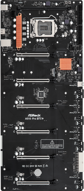 Дънна платка ASRock H510 Pro BTC+, H510, LGA1200, 1 x DDR4, 6 x PCI-E 3.0, 1 Mining Port ,(HDMI), 1x SATA 6Gb/s, 1x M.2, 2x USB 3.2 Gen 1