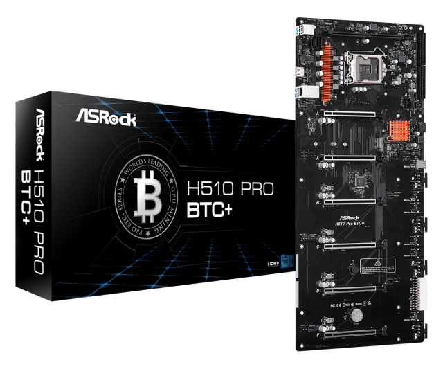 Дънна платка ASRock H510 Pro BTC+, H510, LGA1200, 1 x DDR4, 6 x PCI-E 3.0, 1 Mining Port ,(HDMI), 1x SATA 6Gb/s, 1x M.2, 2x USB 3.2 Gen 1