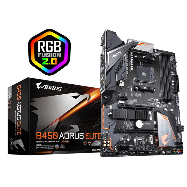 Дънна платка Gigabyte B450 AORUS Elite, B450, AM4, DDR4, (HDMI&DVI), PCI-E , 6x SATA 6Gb/s, 1x M.2 socket, 4x USB 3.1, RGB Fusion, (rev. 1.0), ATX
