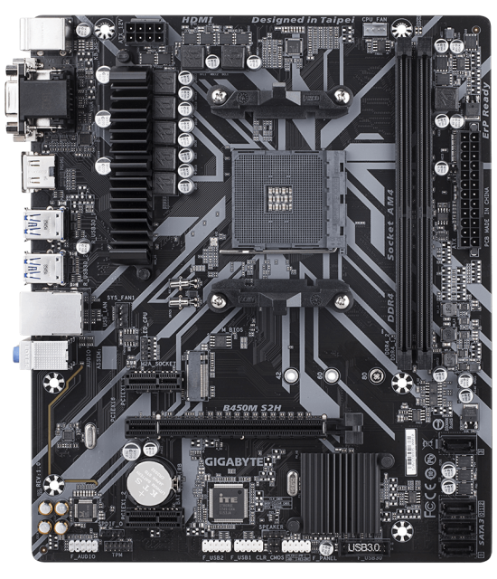 Дънна платка Gigabyte B450M S2H (rev. 1.0), B450, AM4, 2 x DDR4, PCI-E (HDMI,DVI,VGA), 4x SATA 6Gb/s, 1x M.2 connector, 2x USB 3.1, rev. 1.0, micro ATX