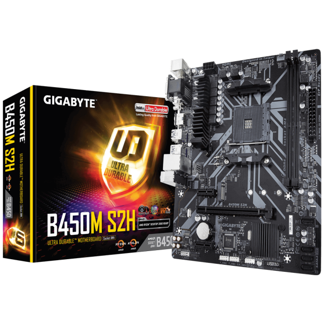 Дънна платка Gigabyte B450M S2H (rev. 1.0), B450, AM4, 2 x DDR4, PCI-E (HDMI,DVI,VGA), 4x SATA 6Gb/s, 1x M.2 connector, 2x USB 3.1, rev. 1.0, micro ATX
