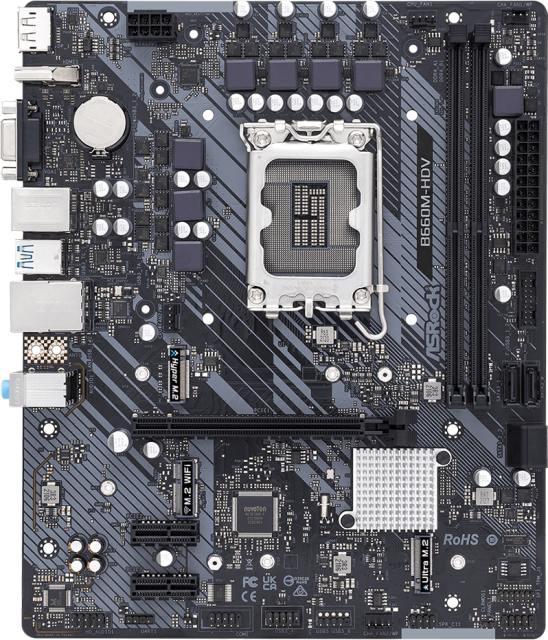 Дънна платка ASRock B660M-HDV, B660, LGA1700, 2 x DDR4, (DP&HDMI&VGA), PCI-E 4.0, 4x SATA 6Gb/s, 2x M.2, 1x USB 3.2 Gen1 Type-C, mATX