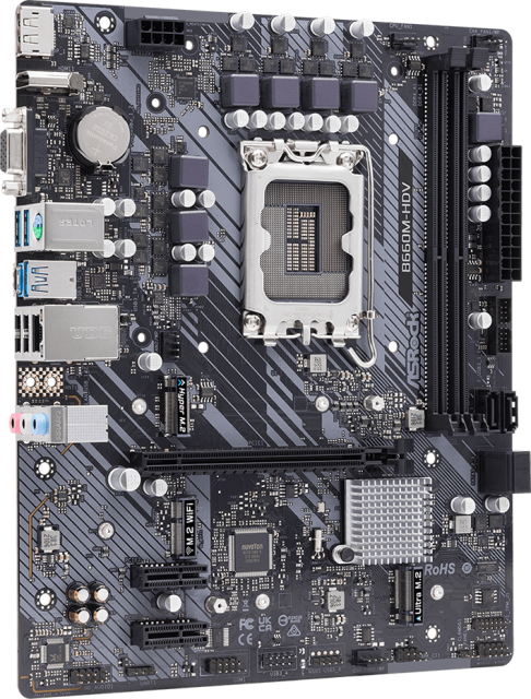 Дънна платка ASRock B660M-HDV, B660, LGA1700, 2 x DDR4, (DP&HDMI&VGA), PCI-E 4.0, 4x SATA 6Gb/s, 2x M.2, 1x USB 3.2 Gen1 Type-C, mATX